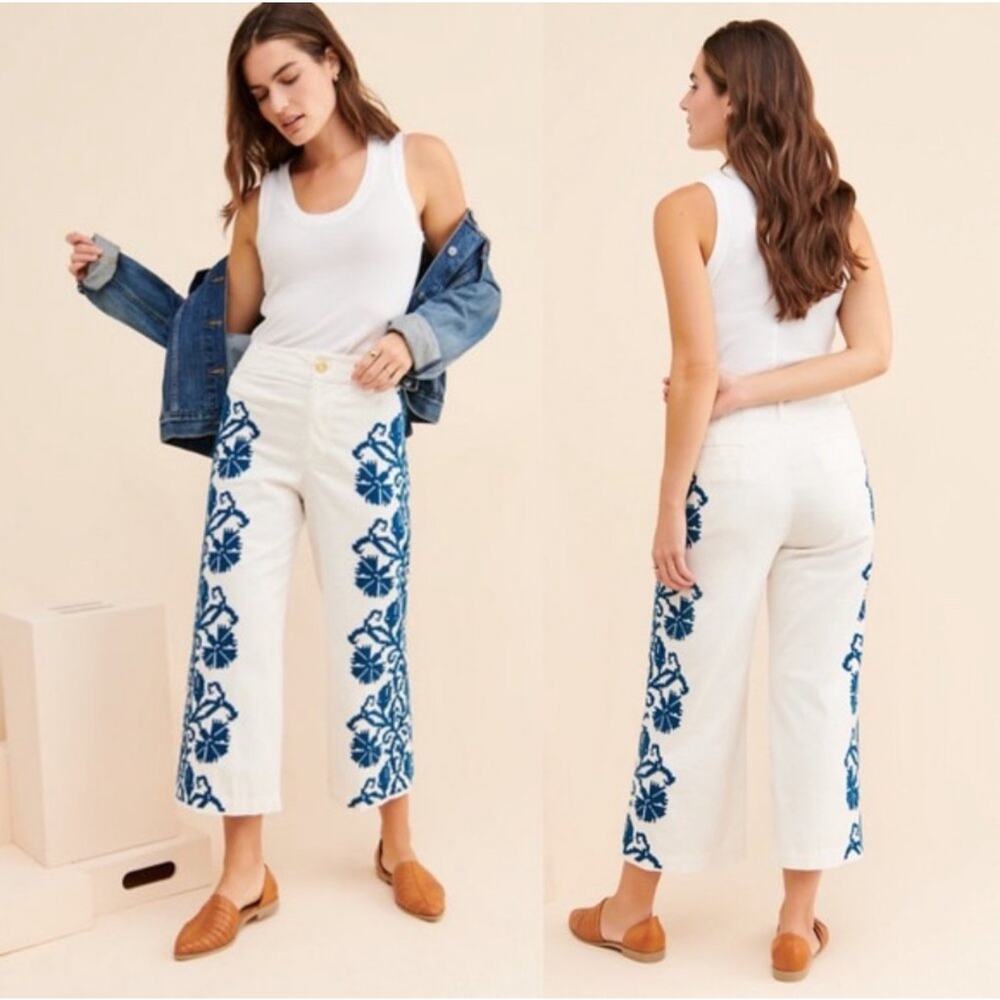 ANTHROPOLOGIE‎ Pants 0 Becky Cropped Flare Wide Leg Embroidered High Waisted NWT